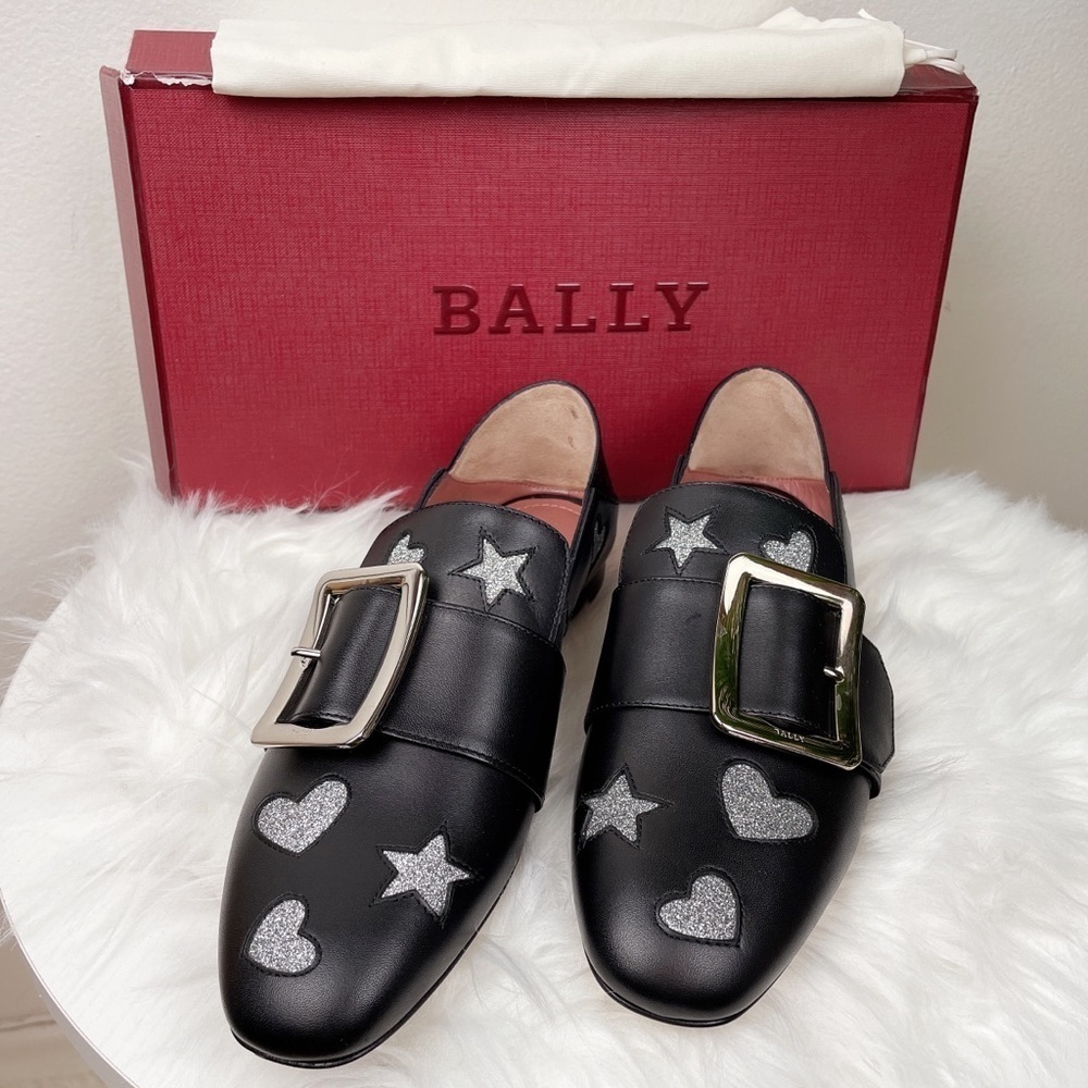 Authentic Bally Janelle Heart and Stars Black Loafer
